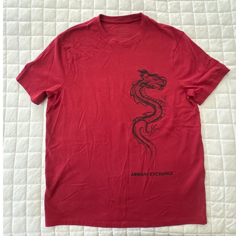 Armani Exchange Shirt Mens Large Red Embroidered Dragon Graphic Tee Streetwear